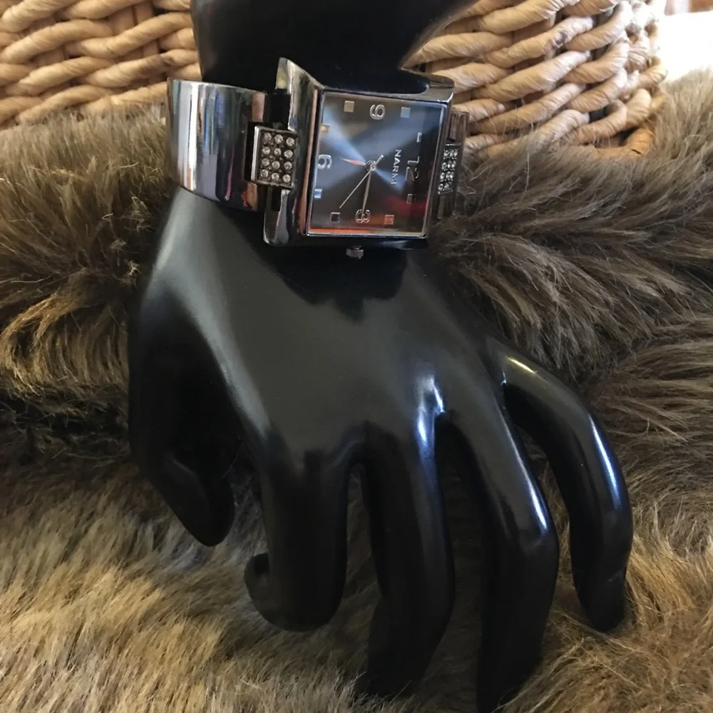 Ladies Narmi dark chrome rhinestone cuff watch